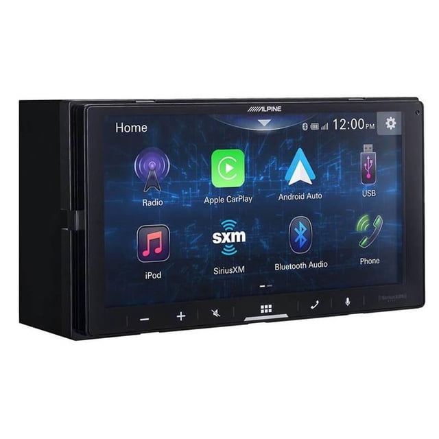 Alpine iLX-W770 6.75" Digital Multimedia Receiver featuring a vibrant double-DIN touchscreen display with wireless Apple CarPlay and Android Auto integration. The screen shows app icons for radio, Apple CarPlay, Android Auto, USB, SiriusXM, Bluetooth audio, and phone. Designed for seamless dashboard integration, it includes dual camera inputs for front and rear views, PrismaLink lighting control, and advanced audio settings like a 13-band EQ and subwoofer controls. Ideal for enhancing in-car entertainment and connectivity.