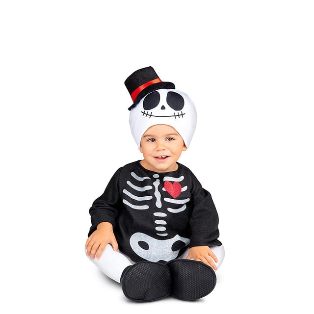 Child's Little Skeleton Costume with a black onesie featuring white skeleton bones and a red heart on the chest, white leggings, black non-slip booties, and a white hood showing a skeleton face topped with a black top hat with a red band, perfect for Halloween and themed parties.