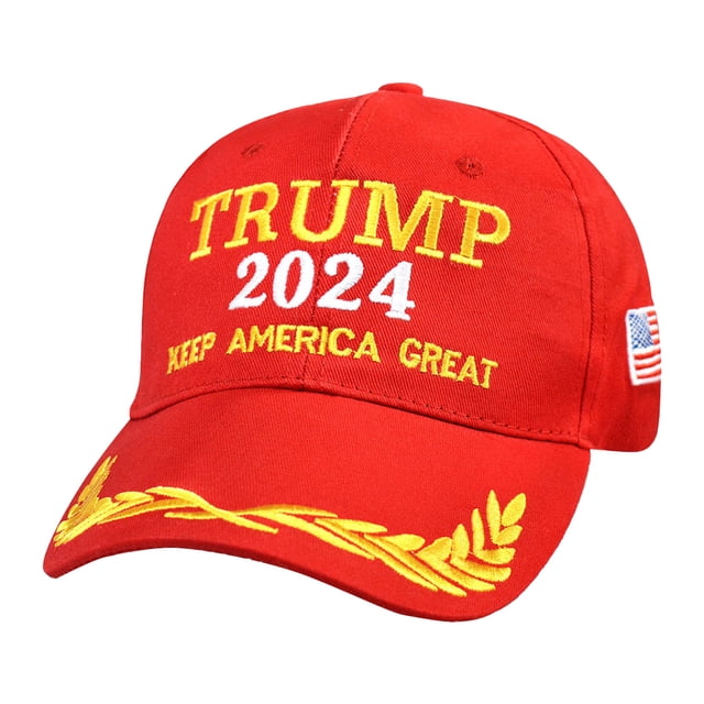 Clearance! 2024 Hat Keep America Great Hat MAGA Camo Embroidered Adjustable Baseball Cap. A red baseball cap featuring bold yellow and white embroidered text reading 'TRUMP 2024' and 'KEEP AMERICA GREAT' on the front. The cap includes an embroidered American flag on the side and decorative yellow laurel embroidery on the brim. Made of 65% cotton and 35% polyester, it has an adjustable buckle at the back for a one-size-fits-all fit. Suitable for men and women, ideal for casual wear, outdoor activities, and patriotic events.