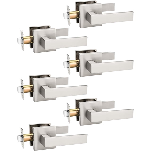 Brushed Nickel Door Handle Interior Privacy Door Lock Bed and Bath Door Lock with Square Rose Modern Keyless Door Lock Handle Reversible for Left & Right