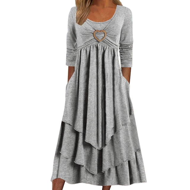 2025 Robe Décontractée Ample pour Femme Robe Midi en Lin Robe à Manches Longues pour Femme Robe Évasée Robe Décontractée à Col Rond Ample Fluide Robe pour Femme Froncée