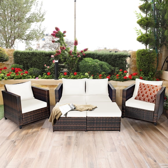 Patiojoy Ensemble de Mobilier de Patio 5 Pcs Sectionnel en Osier Ensemble de Conversation avec Coussins Amovibles Blanc
