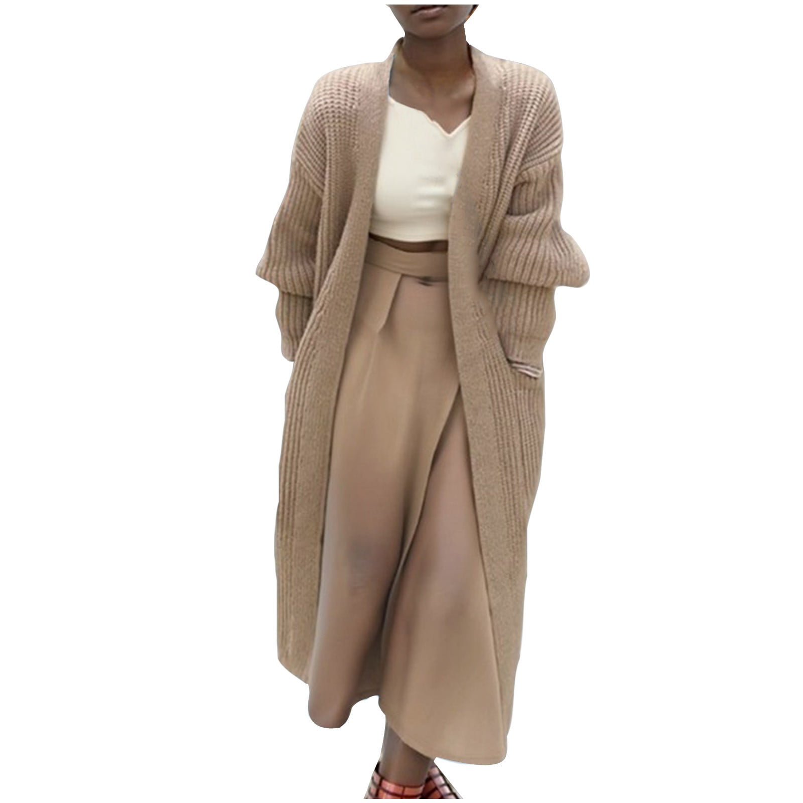 Yuyuzo Cardigan Sweaters for Women Long Sleeve Open Front Knit Solid Color Mid-Long Sweater Fall Winter Cardigan