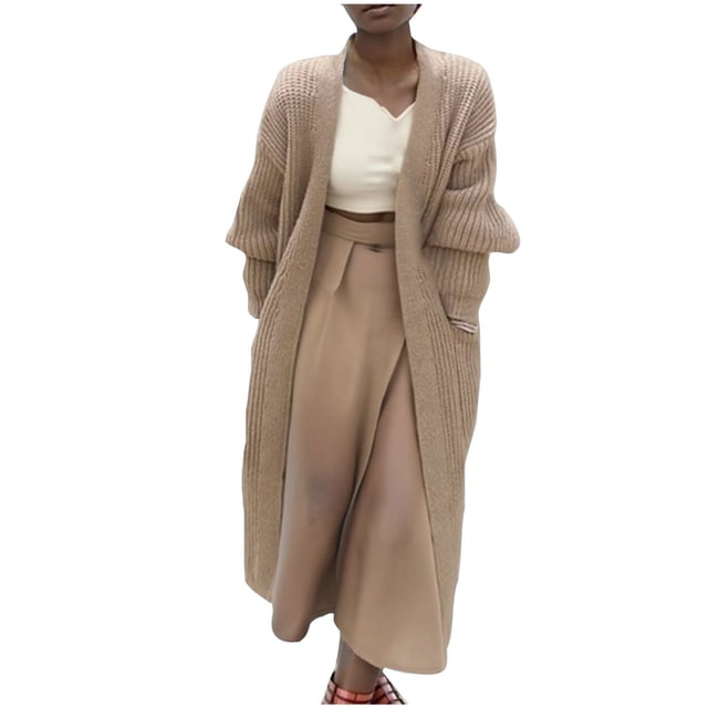 Yuyuzo Cardigan Sweaters for Women Long Sleeve Open Front Knit Solid Color Mid-Long Sweater Fall Winter Cardigan