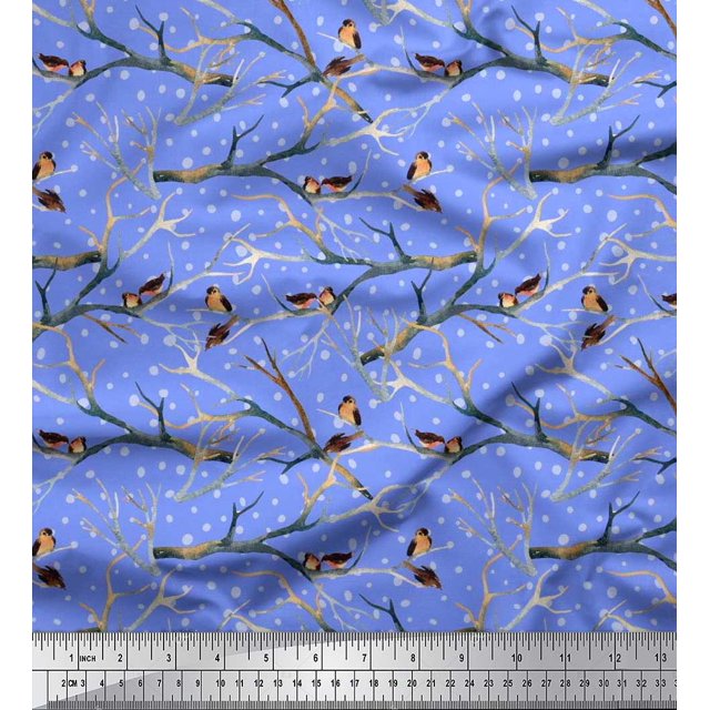 Soimoi Blue Poly Georgette Fabric Branch,Dot & American Robin Bird Decor Fabric Printed BTY 52 Inch Wide