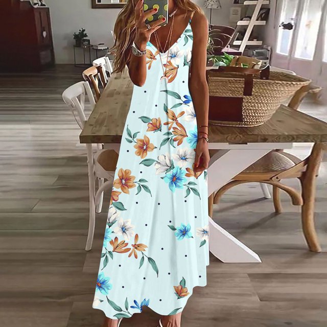Drppepioner Robes Femmes Été Robe Décontractée Ample Sans Manches Imprimé Floral Tournesol Bleu Clair 12(TTG)