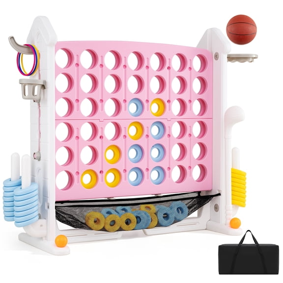 Costway 4 in a Row Connect Game with Mesh Net, Carrying Bag, Height Adjustable, Ring Toss Pink+White