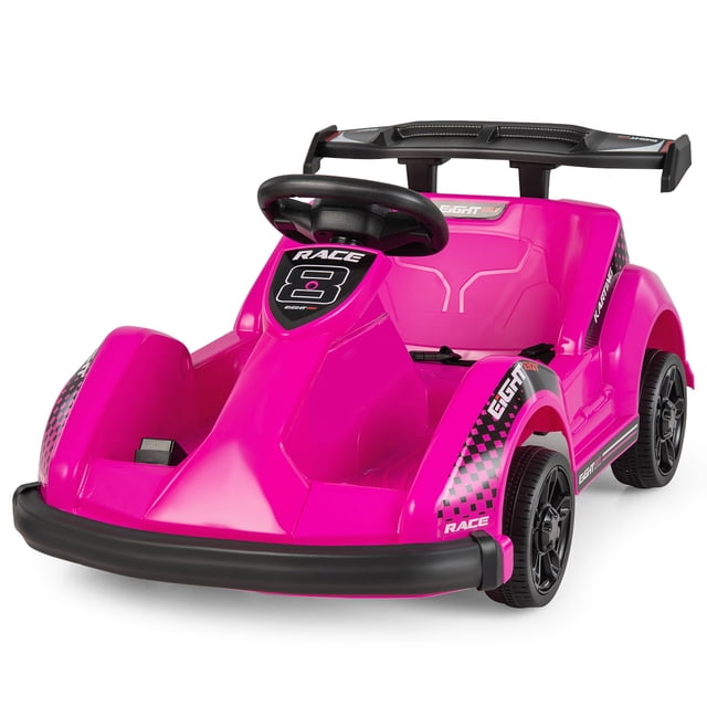 Gymax 6V Battery Powered Go Kart Kids Ride On 4 Wheel Racer RC with Bumper and Music in pink. The go-kart features a vibrant pink body with black accents, a steering wheel, and a soft bumper strip for safety. Designed for children aged 37-96 months, it includes a 2.4G remote control for parental operation, adjustable safety belt, and a multifunctional control panel with music and sound effects. The go-kart is powered by a 6V rechargeable battery, allowing a maximum speed of 2 mph. Made of steel, PP, and PVC, it has a load capacity of 66 lbs and measures 33.5 inches in length, 21 inches in width, and 15.7 inches in height.