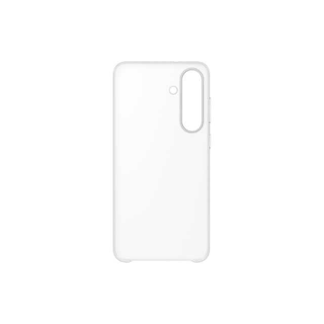 Samsung S25FE Clear Case shown from the back in a centered, flat view, featuring a 1.0 mm slim transparent design with precise cutouts for camera and buttons, made of clear material with anti-yellowing, scratch-resistant, and anti-fingerprint coatings to protect the phone while showcasing its original colour and design.
