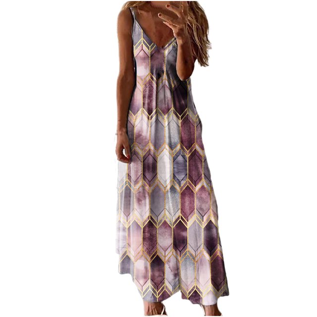 Fridja Robe d'Été Décontractée pour Femme à Dégradé, Col en V, Sans Manches, Grande Taille, à Bretelles Spaghetti