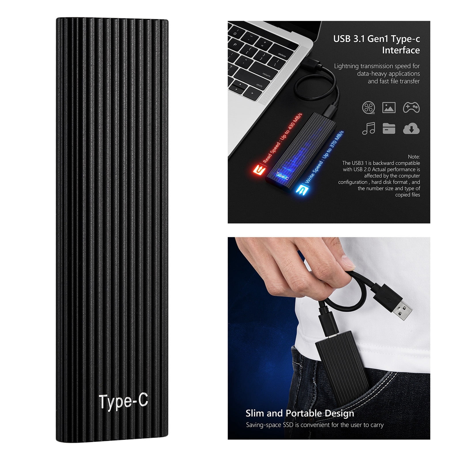Anmrize Usb 3.1 Type-C M.2 Ssd Enclosure, External Hard Drives 16tb External Ssd Hard Drive Ssd Portable Ssd External Hard Drive 1tb Hdd for Laptop With Type C Usb, Black