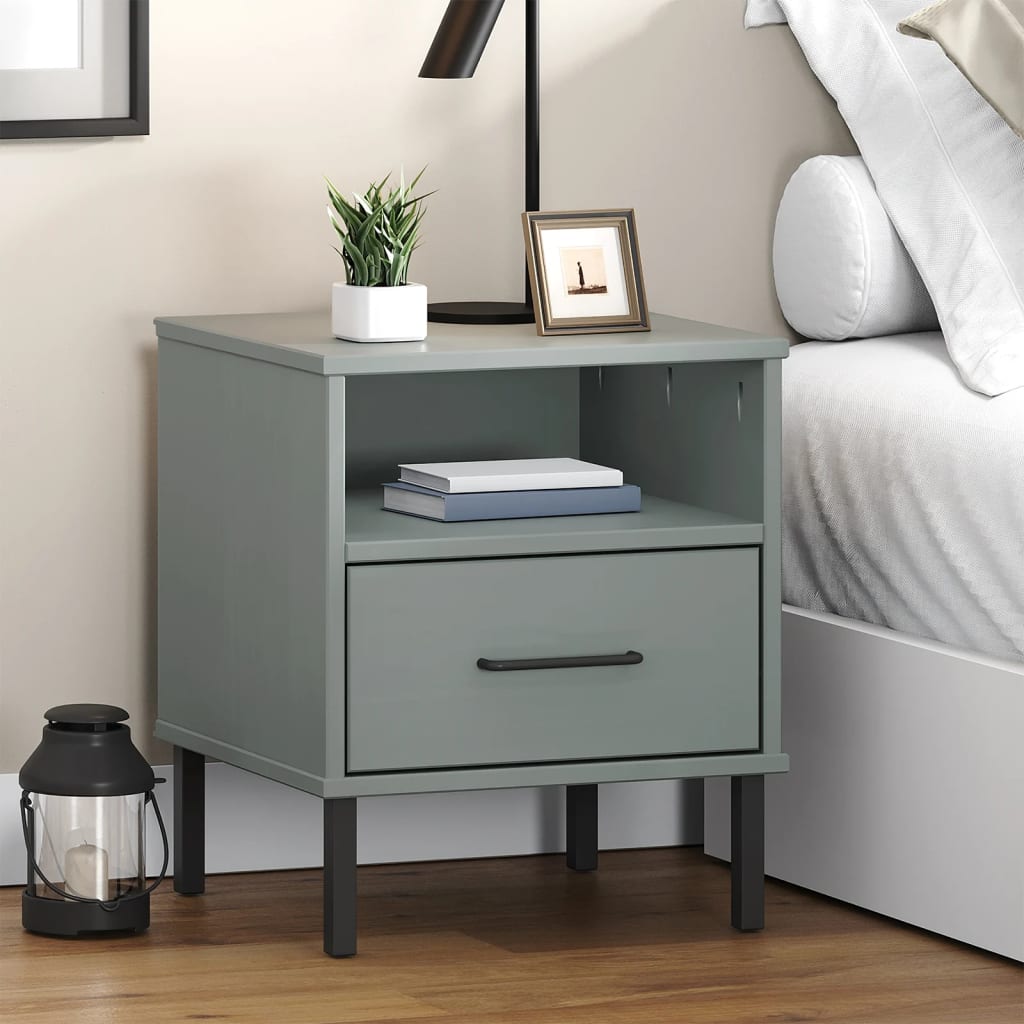 vidaXL Table de Chevet avec Pattes en Métal Gris Bois Massif Pin OSLO