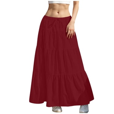 fheaev Flowy Boho Maxi Skirt for Women Trendy Drawstring High Waist Elastic A Line Pleated Ruffle Tiered Summer Casual Beach Long Skirts