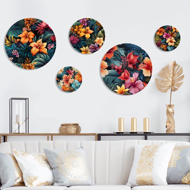 Designart "Vibrant Multicolor Hibiscus Paradise" Large Metal Wall Art Set - Multi Panel Tropical Metal Art Decor