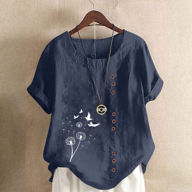 Économies d'Été! Horkkom Chemises à Manches Courtes pour Femmes Été Grande Taille Chemises en Lin Décontractées Col Rond Imprimé Floral Blouses Amples