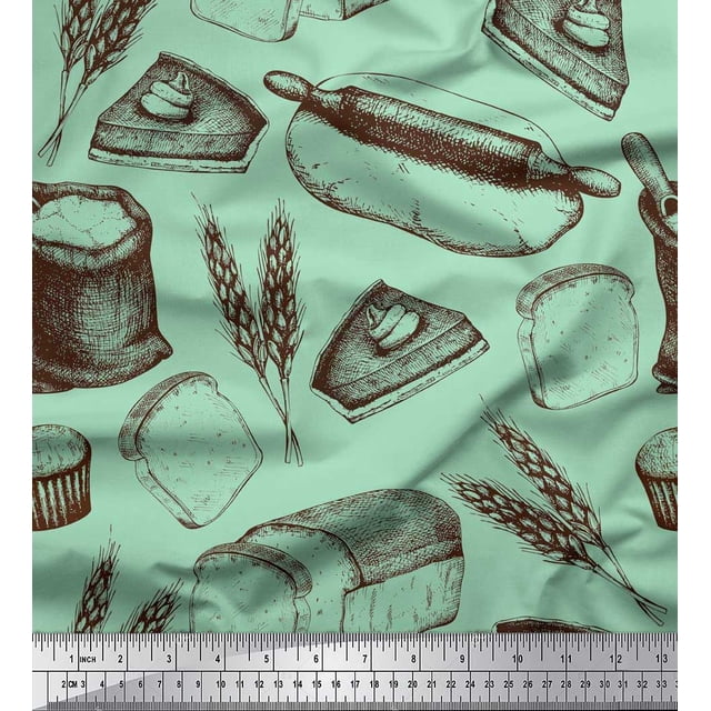 Soimoi Tissu Crêpe polyester Rouleau, Imprimé Pain de Blé & Sandwich 1 Yard 52 Pouces de Large