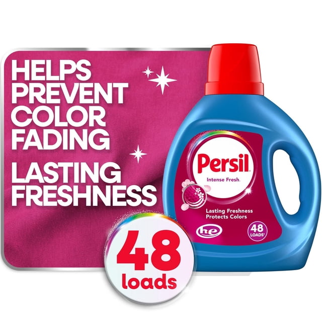 Persil Intense Fresh Détergent Liquide à Lessive pour Tous les Jours, Bouteille de 1,86 L avec Capuchon Rouge et Poignée Bleue, Étiqueté pour 48 Brassées et compatible HE, Conçu pour Prévenir la Décoloration des Couleurs et Offrir une Fraîcheur Durable, Convient à Toutes les Températures d'Eau et à Tous les types de Laveuses, Affiché sur un Fond magenta avec Texte Mettant en Valeur la Fraîcheur et la protection des Couleurs.