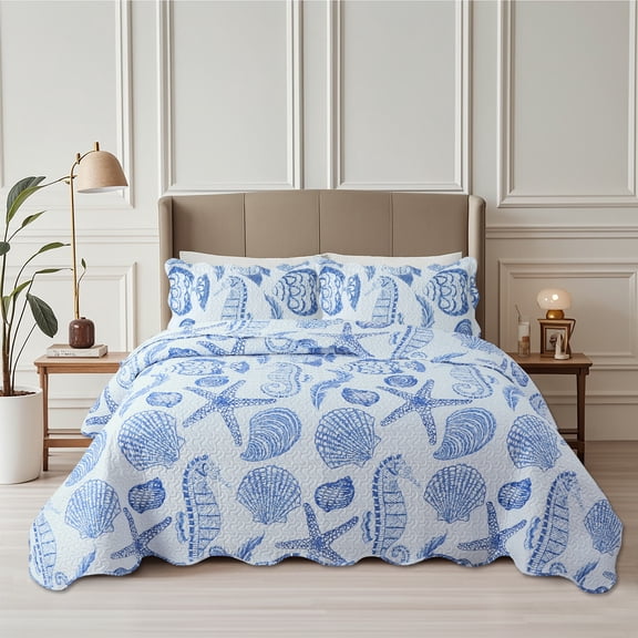 Marina Decoration Home Bedroom Pinsonic Bedding Coverlet Bedspread Ultra Soft 3 Piece Summer Embossed Printed Quilt Set with 2 Embossed Shams, Blue Ocean Seashell Starfish Pattern King Size
