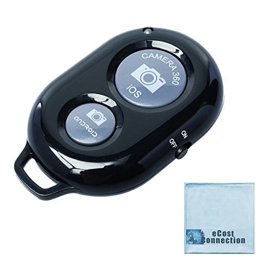 Bluetooth Wireless Remote Control Camera Shutter Button for Smartphones, compatible with iPhone and Android cellphones, shown in a compact black design with two buttons labeled 'Camera 360' and 'iOS.' Includes an on/off switch and a keychain loop for portability. Accompanied by a light blue eCostConnection microfiber cloth.