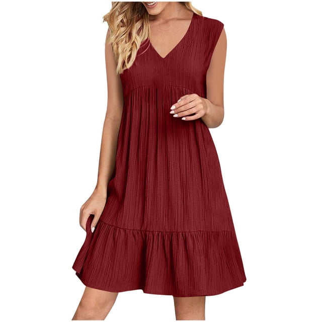 Yuyuzo Robes d'Été pour Femmes Sans Manches à Col en V Mini Robe T-Shirt Plissée à Volants Fluide Plage Vacances Robes d'Été