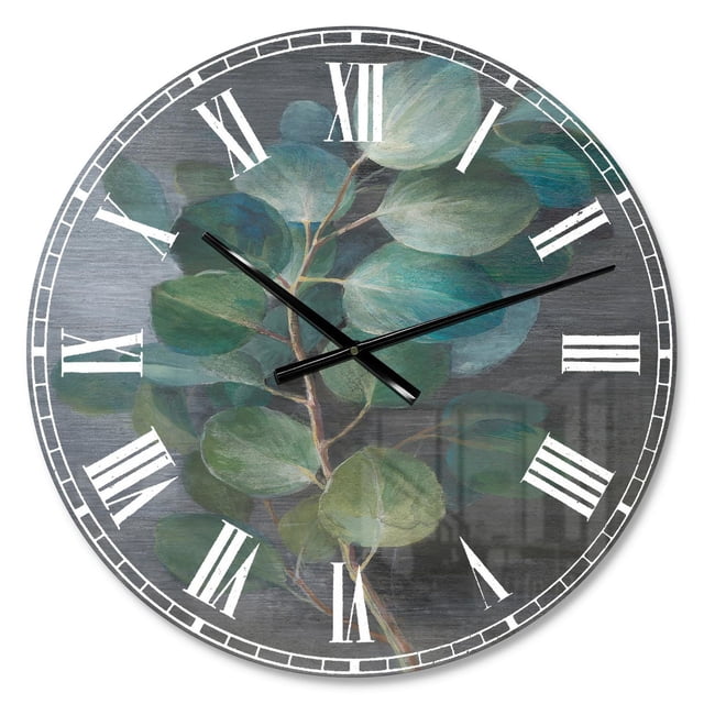 Designart « Fresh leaves I » Horloge Murale Style Ferme avec un Cadran Rond en Aluminium Présentant une Branche d'Eucalyptus Peinte dans des Tons Verts et Bleus sur un Fond à Texture de Bois Gris Foncé, des Chiffres Romains Blancs et des Aiguilles des Heures et des Minutes Noires, Convenant à la Décoration de la Maison Ou du Bureau.