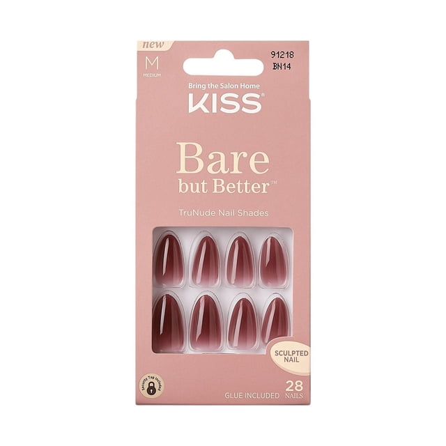 KISS Bare but Better - Fake Nails - Chemistry - Almond - Medium - 28 count with medium-length almond-shaped nude press-on nails in a gradient pink shade, packaged in a pink box with glue included, suitable for quick DIY application and a natural nail look.