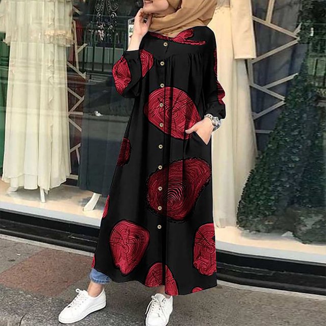 Robes Maxi pour Femmes 2023 Mode pour Femmes Col en V Ample Manches Longues Coton Lin Imprimé Robe Longueur Cheville Robe Longue Robe Midi à Manches Longues en Liquidation