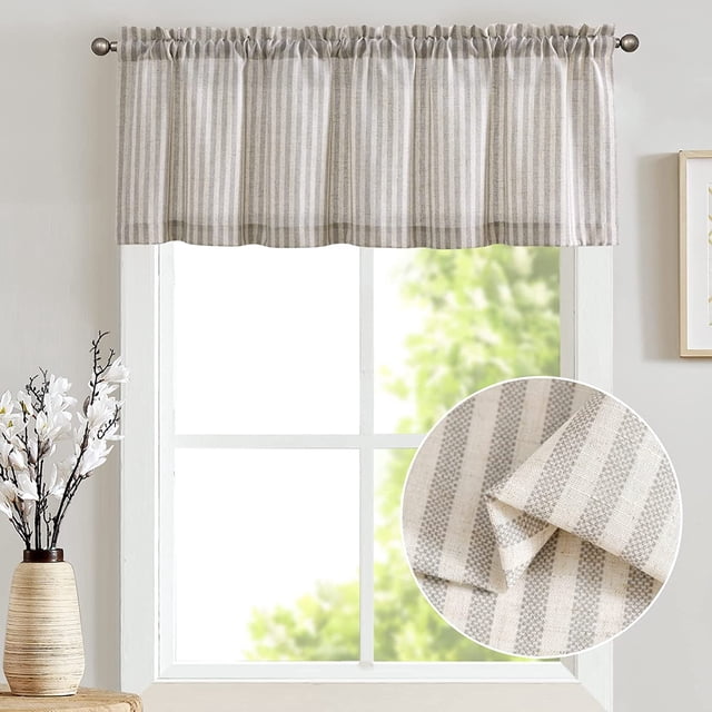 CURTAINKING Kitchen Valance Stripe Pattern Farmhouse Window Valance, 16-inch linen blend fabric in grey with light filtering properties. Features a rod pocket design and multicolor stripe pattern, ideal for kitchens, bathrooms, or living spaces. Includes one panel measuring 50 inches wide by 16 inches long. Suitable for adding a decorative touch during holidays or seasonal events.