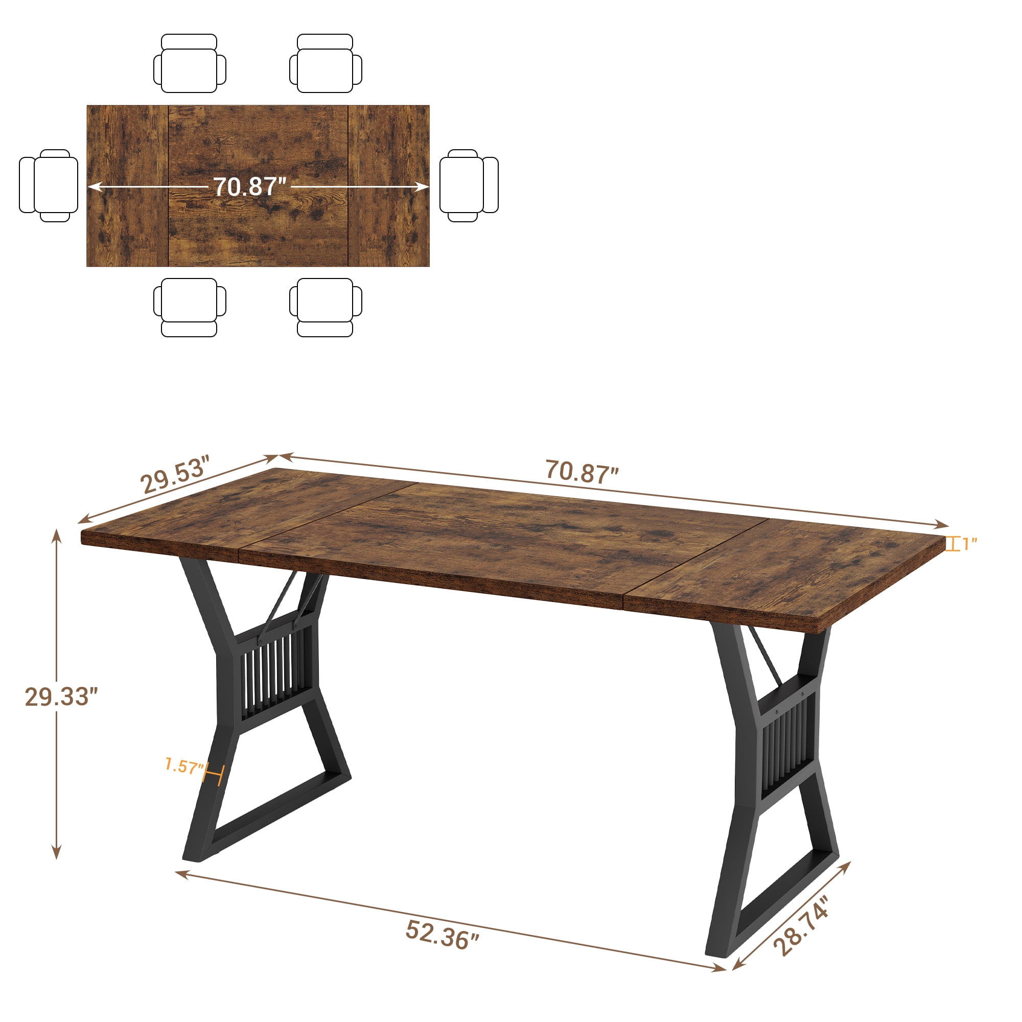 71 Inch Large Rectangle Dining Table for 4-6 People, Farmhouse Kitchen Table with Sturdy Metal Legs & Easy-to-Clean Tabletop, Suitable for Dining Rooms, Living Rooms, Vintage