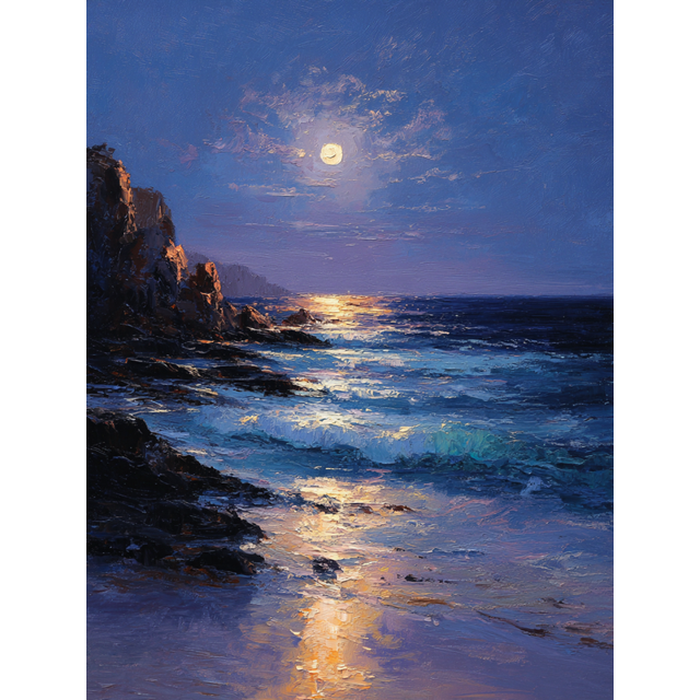 Moonlit Ocean Shore Canvas Wall Art 15.75x11.81 Inches