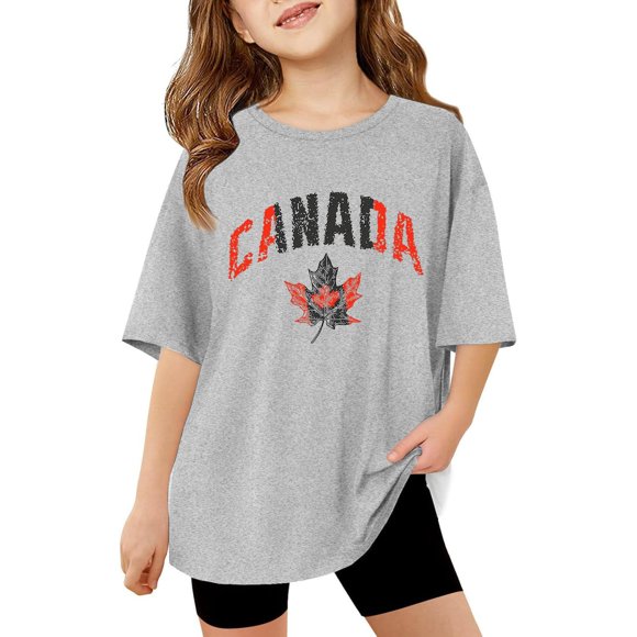 Chandail Canada pour Enfants à Col Rond, Manches Courtes, T-Shirt Drapeau Feuille d'Érable Canadienne, T-Shirts Patriotiques, Vêtements pour Filles 5-6 Ans