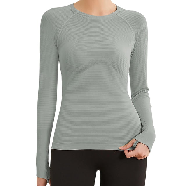 fheaev Chandails à Manches Longues pour Femmes Col Rond Chandail du Bas Ajusté Décontracté Extensible Ajusté sous-Blouses Entraînement Haut de Sport Pilates Vêtements de Mise en Forme Couche de Base Hauts