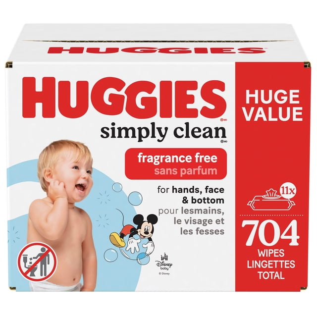 Huggies Simply Clean Baby Wipes, UNSCENTED, 11 Flip Lid Packs, 704 Wipes