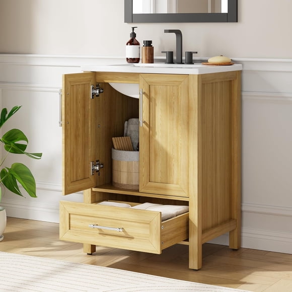 24-Inch Farmhouse Bathroom Vanity with Sink Freestanding Wooden Bathroom Cabinet with Soft-Close Doors Storage Drawers and Adjustable Shelf