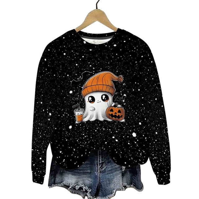 LMKIHUSA Chandails d'Halloween Fantôme pour Femmes Mode Décontractée Automne 2025 Chandail Kawaii Graphique Brillant Col Rond Chandail à Manches Longues Hauts Saison Effrayante Noir,P