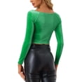 thumbnail image 3 of INSPIRE CHIC Women's Velvet Long Sleeve Off Shoulder Solid Crop Tops XS Green, 3 of 6