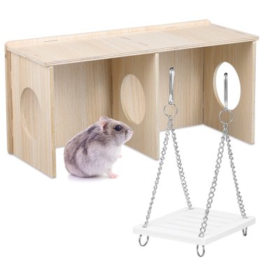 Hamster Wood House Large Space Small Animals Hideaway Habitat Chamber Nest with Swing Toy for Rat Squirrel Chinchilla