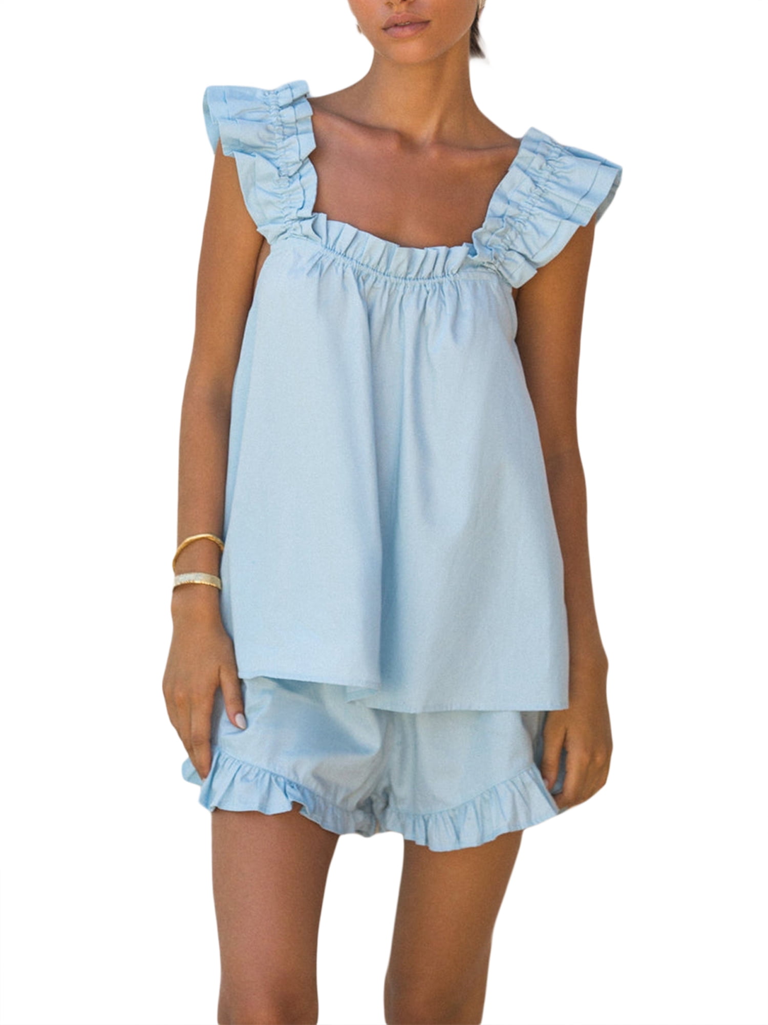 Faithtur Womenacute;s Summer 2PCS Pajamas Sets Sleeveless Backless Sling Vest + Solid Color Ruffle Shorts