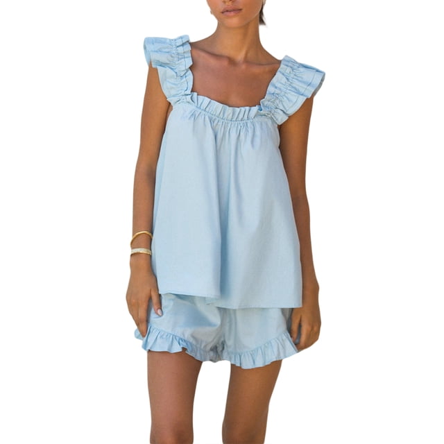 Faithtur Womenacute;s Summer 2PCS Pajamas Sets Sleeveless Backless Sling Vest + Solid Color Ruffle Shorts