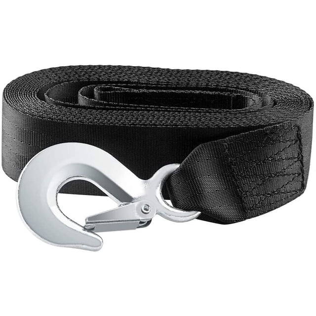 Trailer winch strap with safety carabiner for boat or car, featuring a durable black nylon strap measuring 5cm x 6m and a heavy-duty metal hook with an anti-rust coating. The strap has a breaking strength of 10,000 pounds and a working load limit of 3,300 pounds, making it suitable for electric or manual winches in harsh environments.