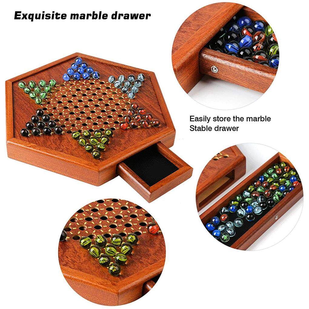 Portable Chinese Checkers Board Game with Marbles Chinese Checkers Board Wooden Board Game Hexagon Chinese Checkers Family Game Set Drawer Storage