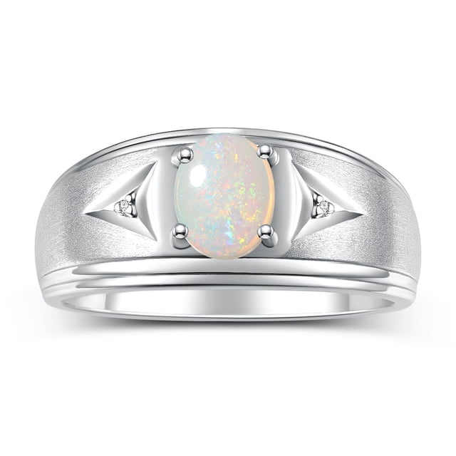 RYLOS Men's Rings Sterling Silver Classic 8X6MM Oval Gemstone & Diamond Ring Opal October Birthstone Rings For Man Silver Rings Size 8