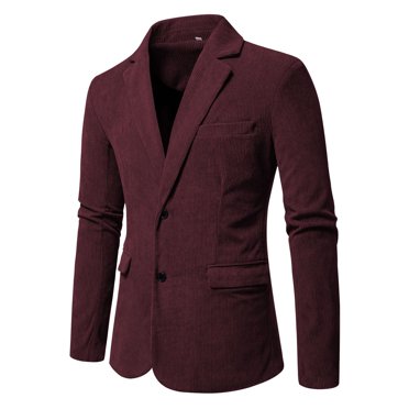 Men's Blazer Business Casual Solid Color Button Suit Jacket Slim Lightweight Turndown Collar Work Coats with Pockets Wine L