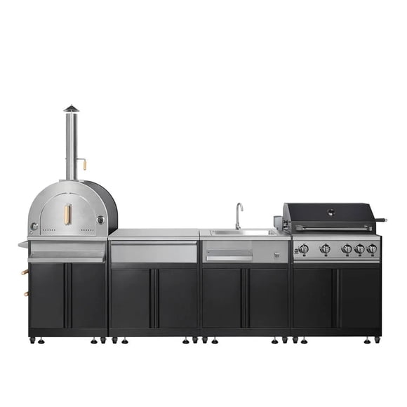 TMG Industrial Îlot de Cuisine Extérieur 11 Pieds à 4 Brûleurs (Noir), 48000 BTU, Four à Pizza Intégré, Pierre à Pizza en Cordiérite 3⁄4 Pouces, Certifié CSA, TMG-LKS11B