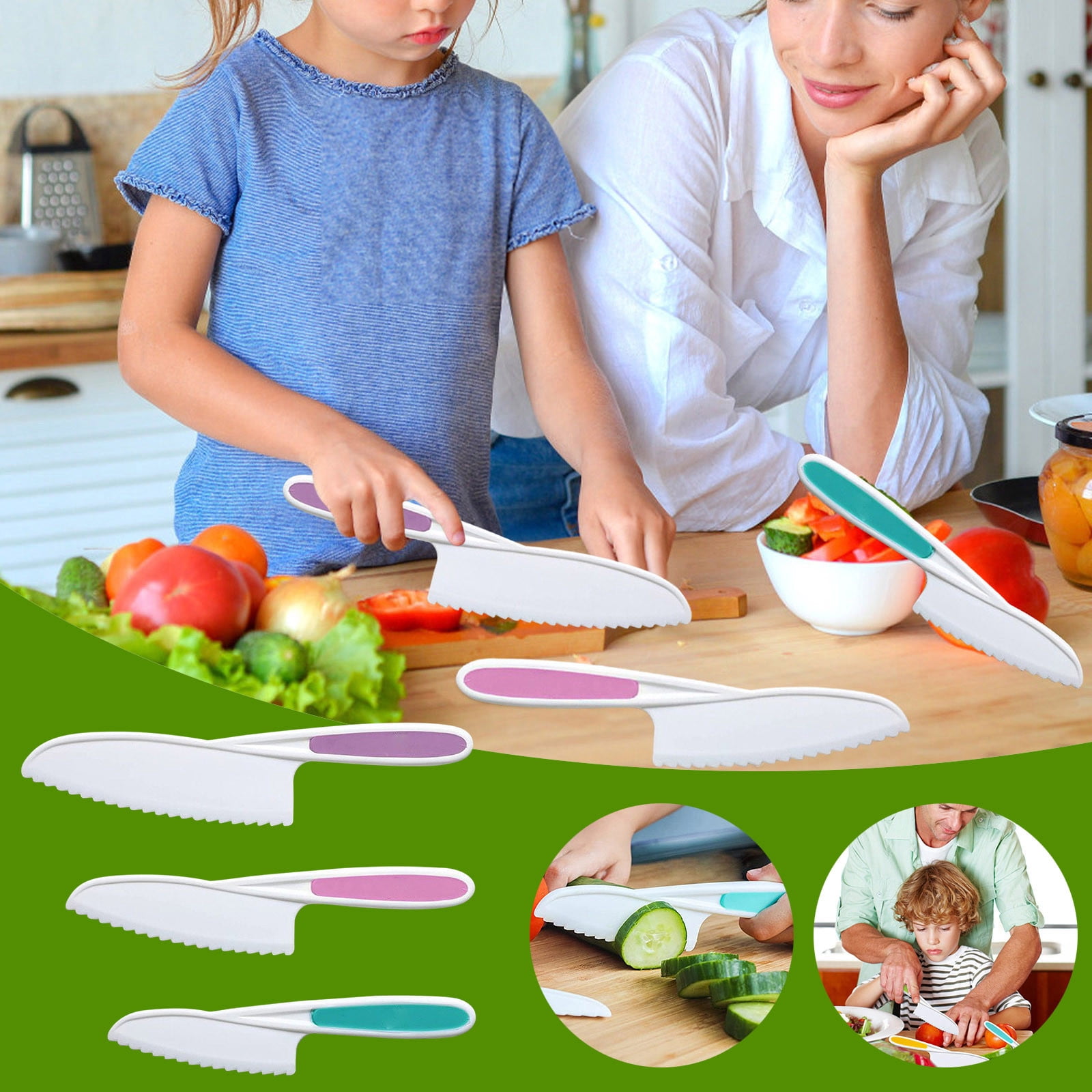 Suncoda Plastic Cooking Knife, 3 Piece Kids Kitchen Baking Knife Set-Safe to Use- Firm Grip- Serrated Edges-Kids Knife-Protects Little Chef's - for Cutting Food and Vegetabl