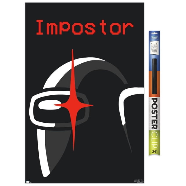 Among Us - Affiche Murale d'Un Imposteur, 22,375 Po x 34 Po, Représentant un Casque de Coéquipier Noir avec une Visière Rouge en Forme d'Étoile et le Mot « Imposteur » en Police Pixélisée Rouge sur Fond Noir, Imprimée sur Papier d'Affiche Lustré avec Supports Adhésifs Inclus, Idéale pour la Décoration Murale de Chambre Ou de Bureau.