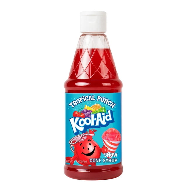 Kool-Aid 16-oz Snow Cone Syrup Tropical Punch in a clear plastic bottle with a white flip-top cap, featuring a blue label with the Kool-Aid mascot holding a red and white striped snow cone and images of cherries, grapes, orange, and lime. Suitable for making snow cones, slushies, and frozen treats at home.