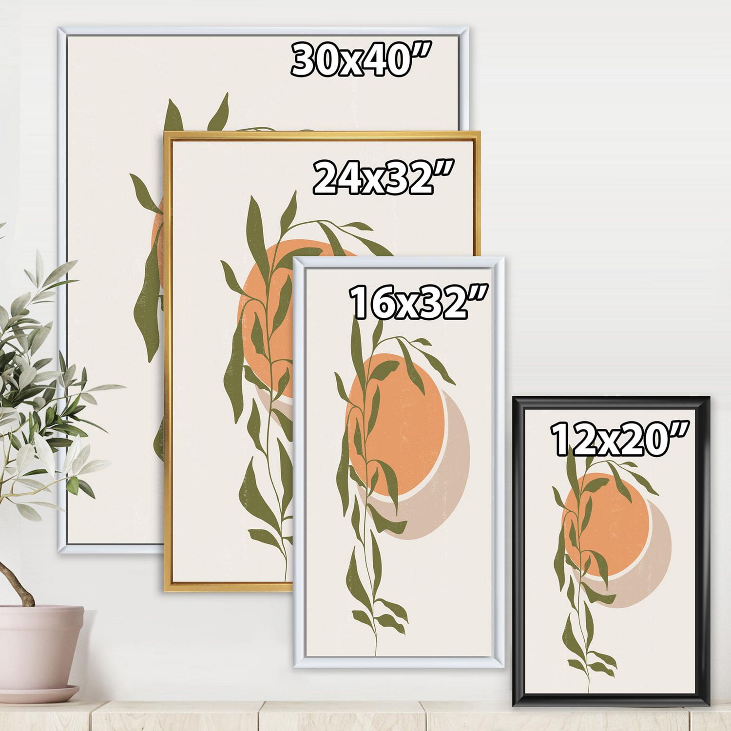 Designart Soleil et lune orange abstraits avec des feuilles tropicales ART MURAL À CADRE FLOTT