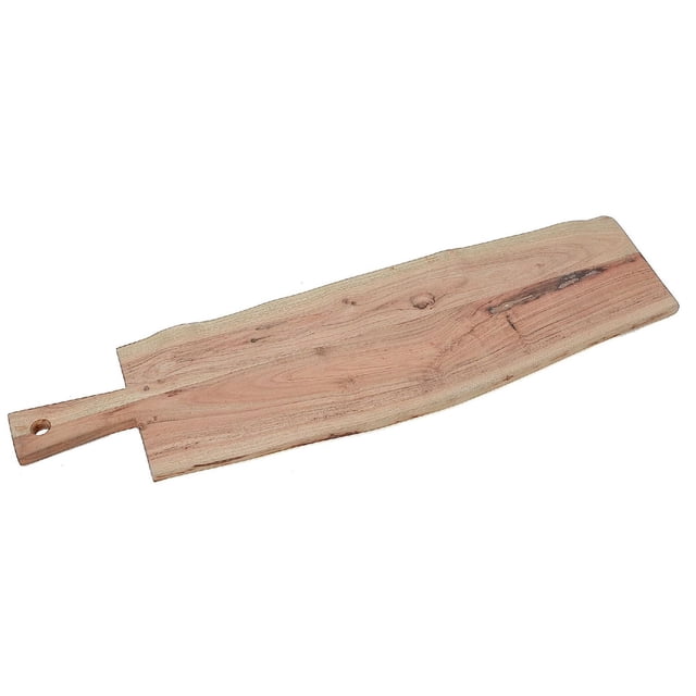 Acacia Wooden Rectangle Live Edge Serving Board 27" shown from above with natural light brown acacia wood grain and live edge, featuring a handle with a hole for hanging, suitable for serveware and enhancing tabletop presentation.