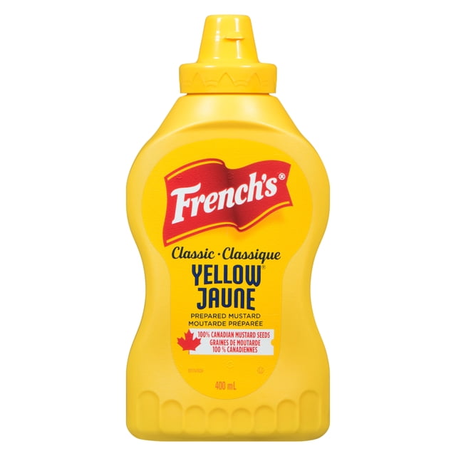 French's, Moutarde Jaune Classique, Bouteille Compressible de 400 ml Centrée sur le devant avec Moutarde Jaune Vive; texture Lisse visible à la Buse et Étiquette French's. Condiment pour Hot-Dogs, burgers et sandwiches au Goût Acidulé, Convient Aussi aux marinades et aux Vinaigrettes.